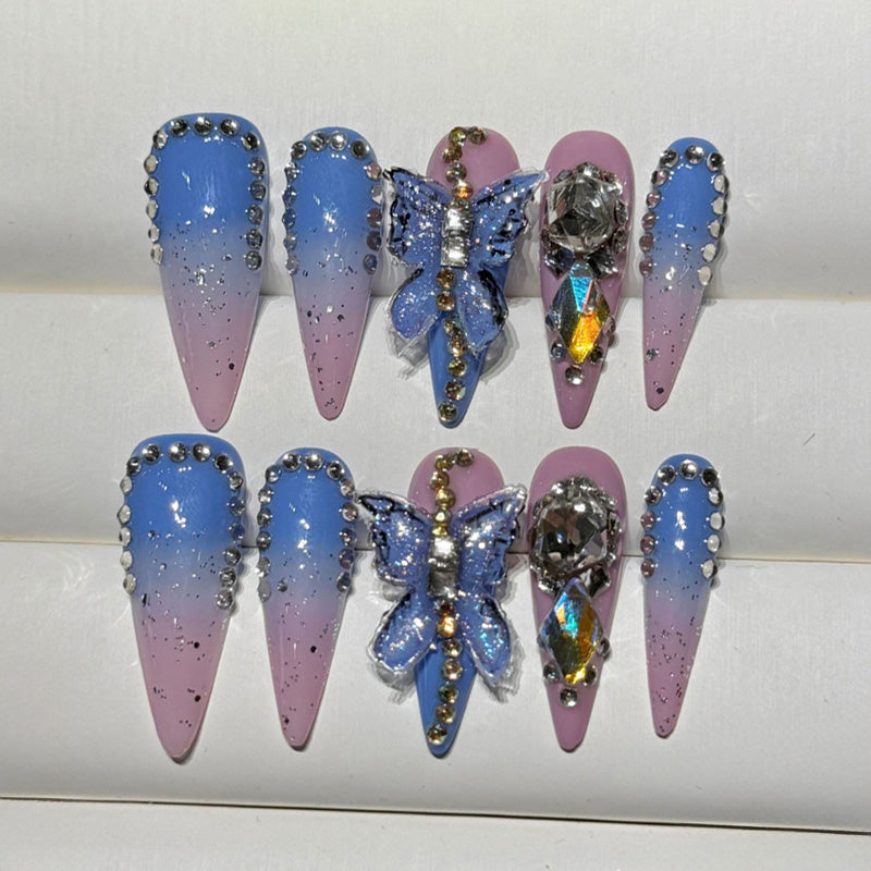 KAPOWNAILS Handmade Stiletto Long Press-On Nails Blue