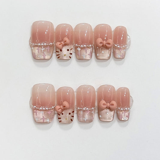 Ballerina Short Nails Pink Gradient Pearl Rhinestone Bow