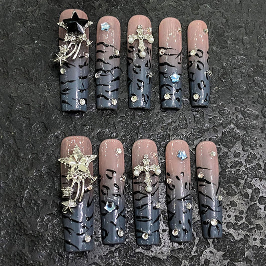 Gradient Leopard Press on,Rhinestone Chrome Accents