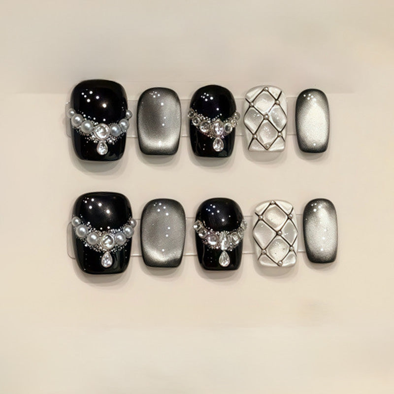 Elegant Black White Geometric Coffin Press On Nails