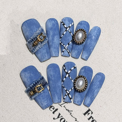 Blue Marble Nail Art Set - Gold Chain & Pearl Accents