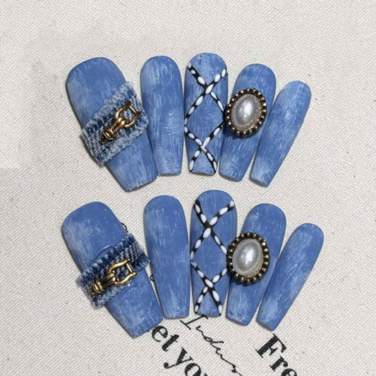 Blue Marble Nail Art Set - Gold Chain & Pearl Accents