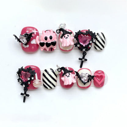 Halloween Pink Gothic Press On Nails Squoval Short Style