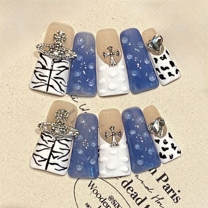 Flare Press On Nails Blue White Cloud Sky Pattern