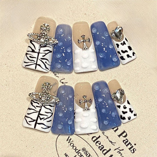 Flare Press On Nails Blue White Cloud Sky Pattern