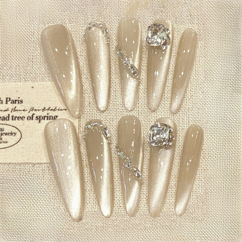 Stiletto Long Nails Silver Green Pearl Shimmer Rhinestone