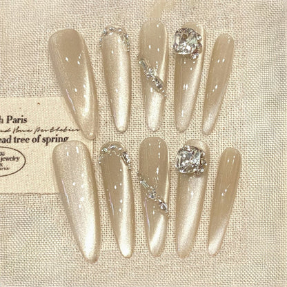 Stiletto Long Nails Silver Green Pearl Shimmer Rhinestone