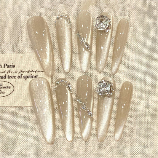 Stiletto Long Nails Silver Green Pearl Shimmer Rhinestone