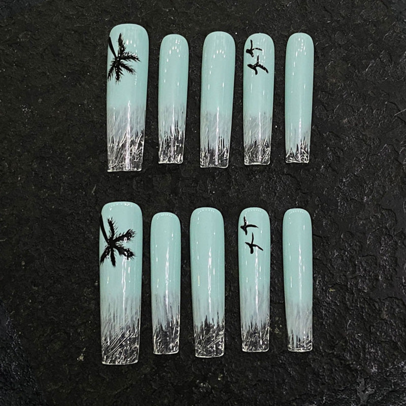 Slim Square Nails Mint Green Ocean Theme Palm Tree Design