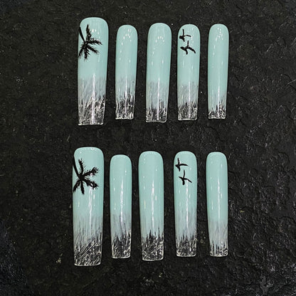 Slim Square Nails Mint Green Ocean Theme Palm Tree Design