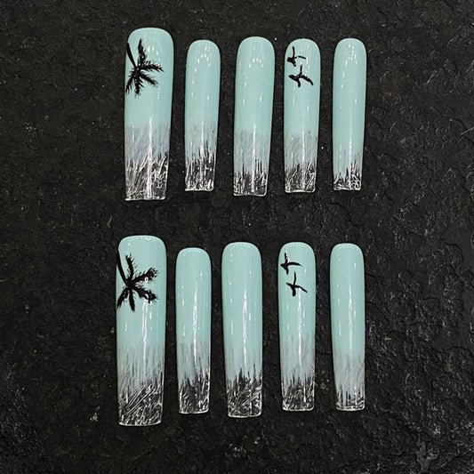Slim Square Nails Mint Green Ocean Theme Palm Tree Design