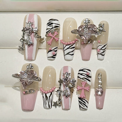 Zebra Press - on Nails with Rhinestone Charms, Y2K - Inspired