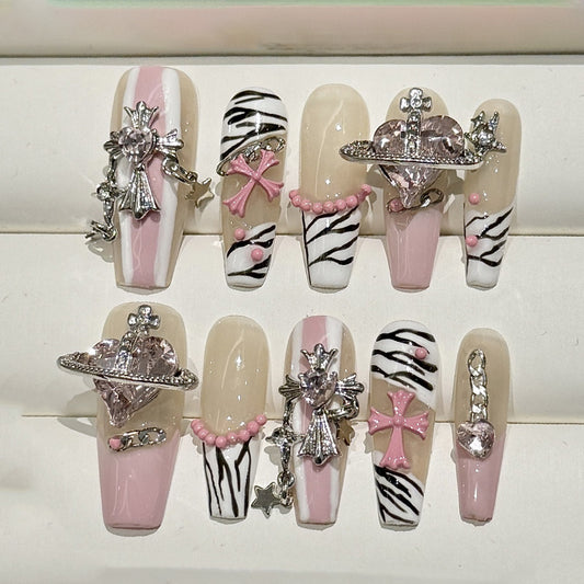 Zebra Press - on Nails with Rhinestone Charms, Y2K - Inspired