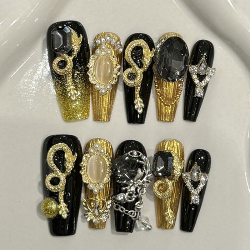 Luxury Gold Black Coffin Nails - Handmade