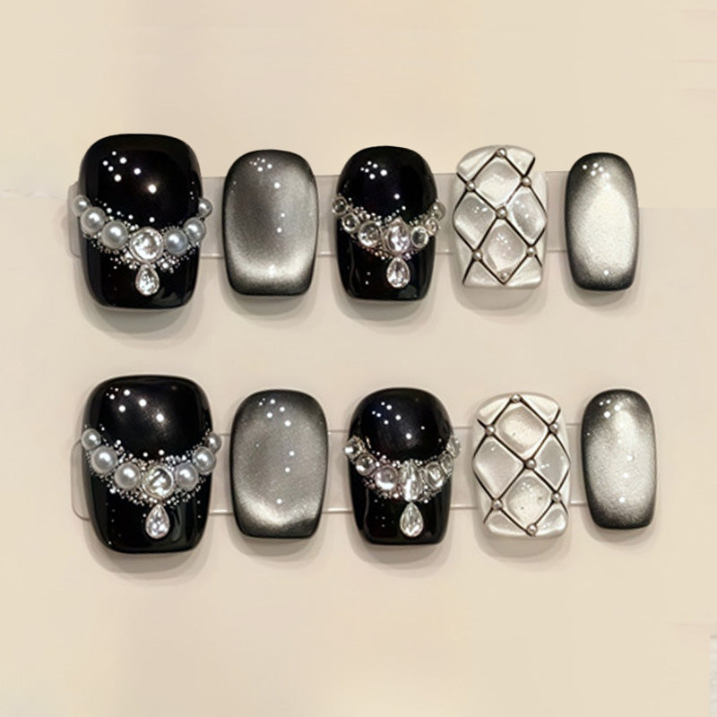 Black Silver Geometric Rhinestone Squoval Short Nails