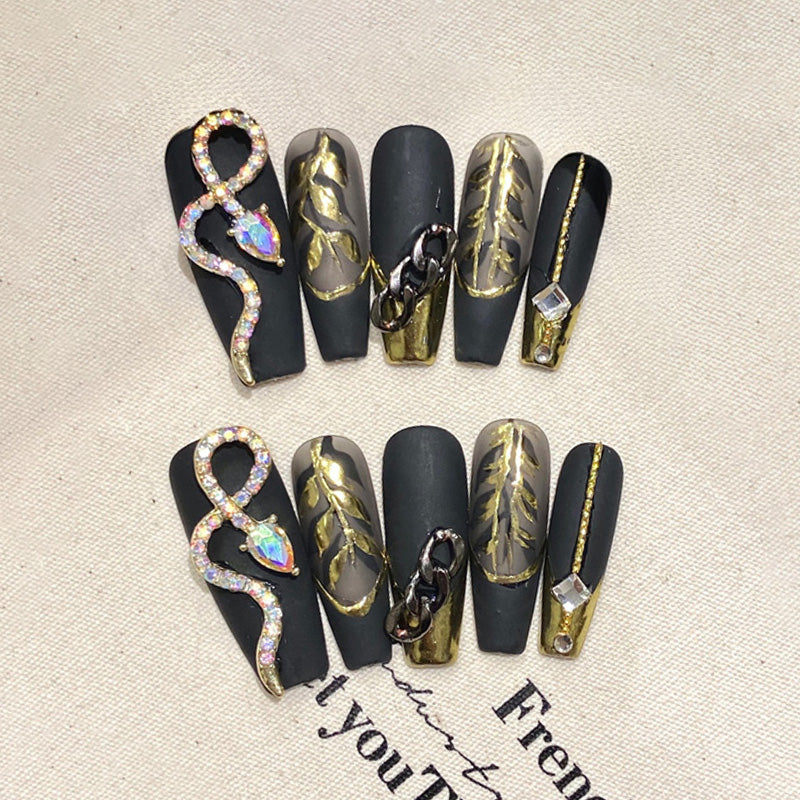 Ballerina Long Nails Black Gold Snake Rhinestone Pattern