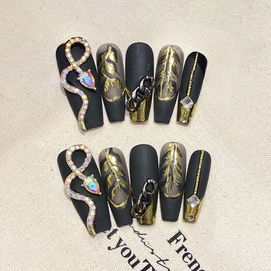 Ballerina Long Nails Black Gold Snake Rhinestone Pattern