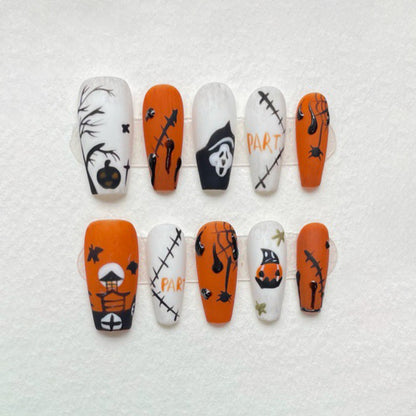 Halloween Scream Pumpkin Coffin Long Press On Nails