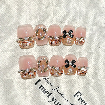 Pink Pearl Flower Rhinestone Squoval Short Nails