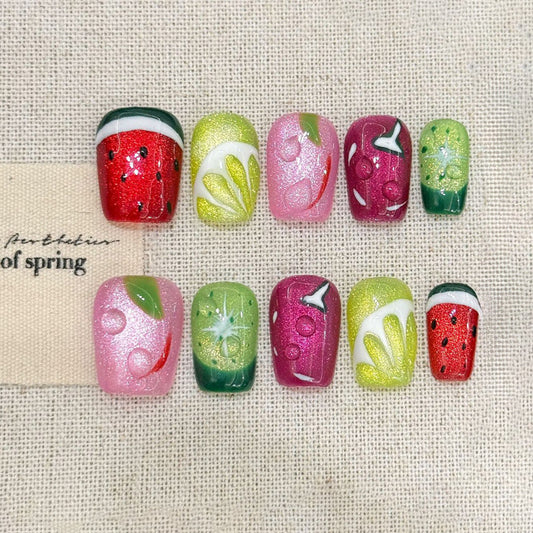 KAPOWNAILS Fruit - Themed Press - ons, Colorful Watermelon & Lemon Designs