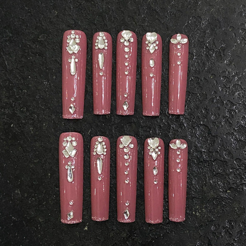 Slim Square Nails Rose Pink Rhinestone Flower Pattern