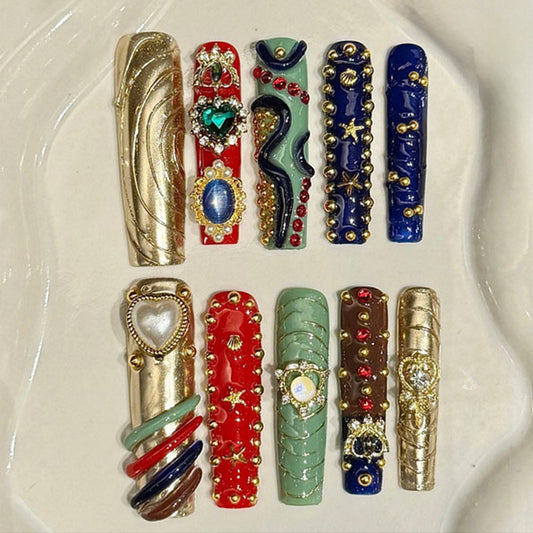 Ballerina Long Nails Colorful Pattern Handmade Press On Mixed Design Art