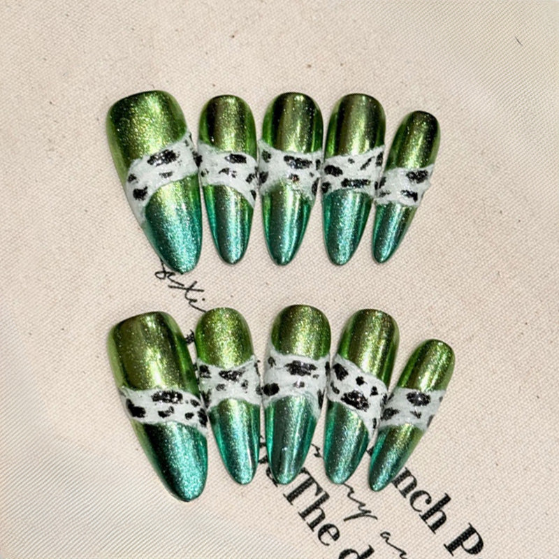 Stiletto Green Chrome Marble Nails