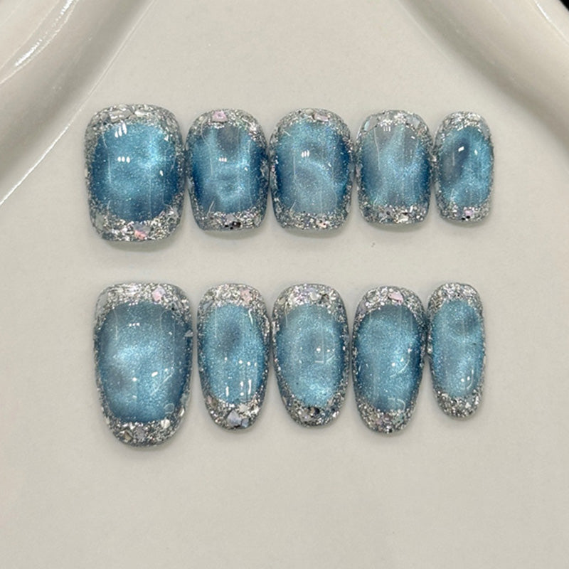 Squoval Short Nails Blue Holographic Silver Glitter Frame