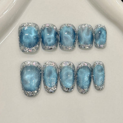 Squoval Short Nails Blue Holographic Silver Glitter Frame