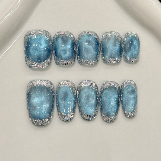 Squoval Short Nails Blue Holographic Silver Glitter Frame