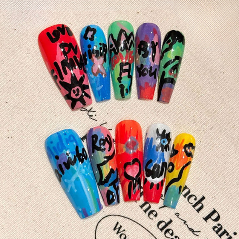 Colorful Graffiti Coffin Press-On Nails - Street Art Set