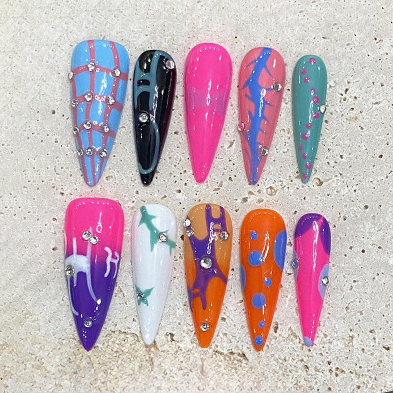 Stiletto Long Nails Colorful Abstract Handmade Press On Rhinestone Art