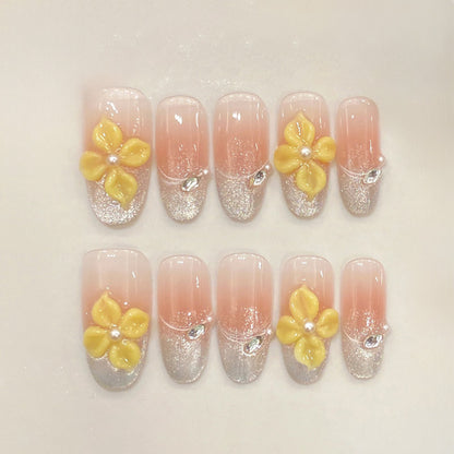 Silver French Press-On Nails - Yellow Flower Charms Set