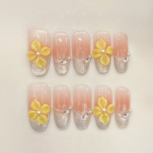 Silver French Press-On Nails - Yellow Flower Charms Set
