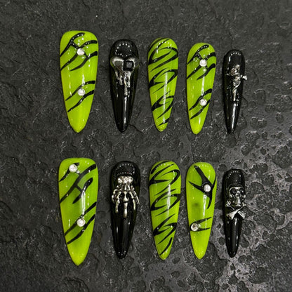 Stiletto Long Nails Gothic Green Black Handmade Press On Metal Decoration