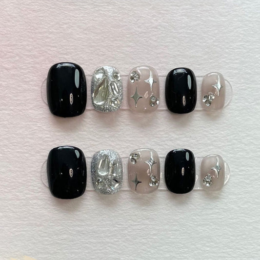Squoval Short Nails Black Clear Silver Rhinestone Design