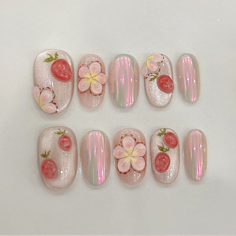 Oval Short Press-On Nails - Cherry Blossom Design