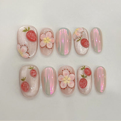 Oval Short Press-On Nails - Cherry Blossom Design