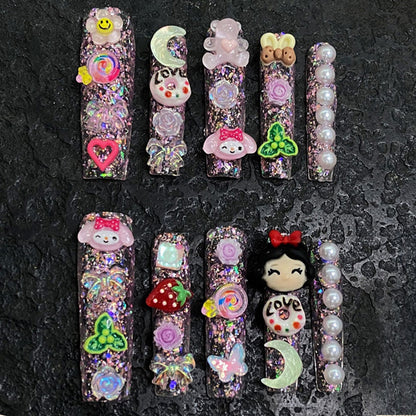 Pink Transparent Coffin Press-On Nails - Kawaii Cartoon