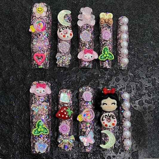 Pink Transparent Coffin Press-On Nails - Kawaii Cartoon