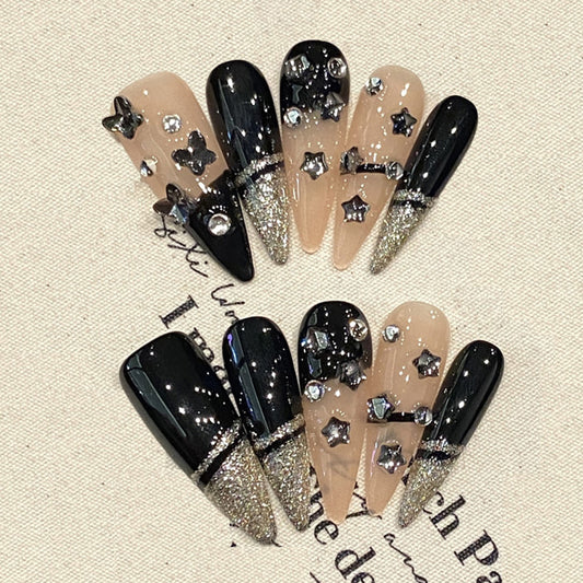 Stiletto Long Nails Black Nude Rhinestone Gold Glitter