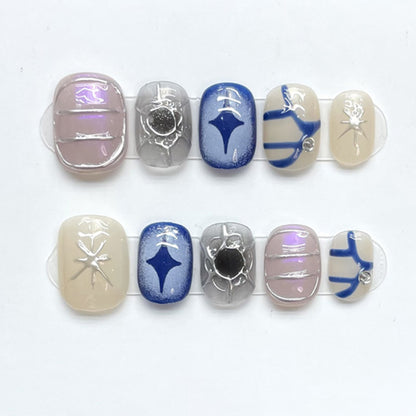 Squoval Short Nails Blue Pink Silver Professional Design