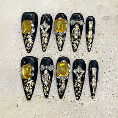 Stiletto Long Nails Black Gold Foil Handmade Press On Luxury Gemstone