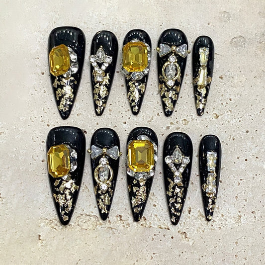 Stiletto Long Nails Black Gold Foil Handmade Press On Luxury Gemstone
