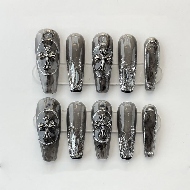 Dark Grey Press on with Silver Cross, Edgy Gothic Nail Design