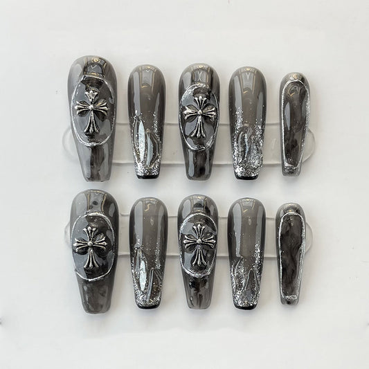 Dark Grey Press on with Silver Cross, Edgy Gothic Nail Design