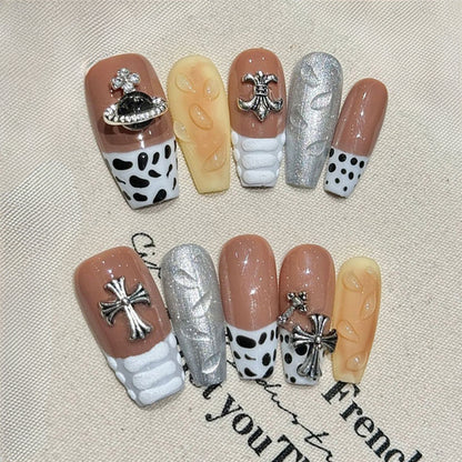 Ballerina Medium Nails Mixed Pattern Handmade Press On Cross Cow Print