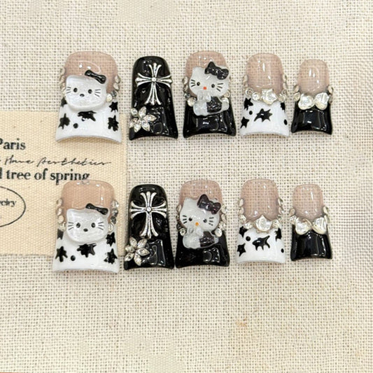 Press On Nails Black White Cat Cross Gothic Kawaii