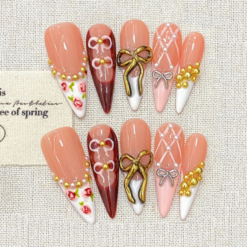 Stiletto Long Nails Pink Bow Pearl Handmade Press On