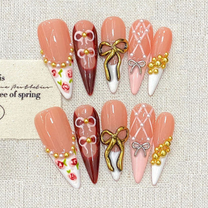 Stiletto Long Nails Pink Bow Pearl Handmade Press On